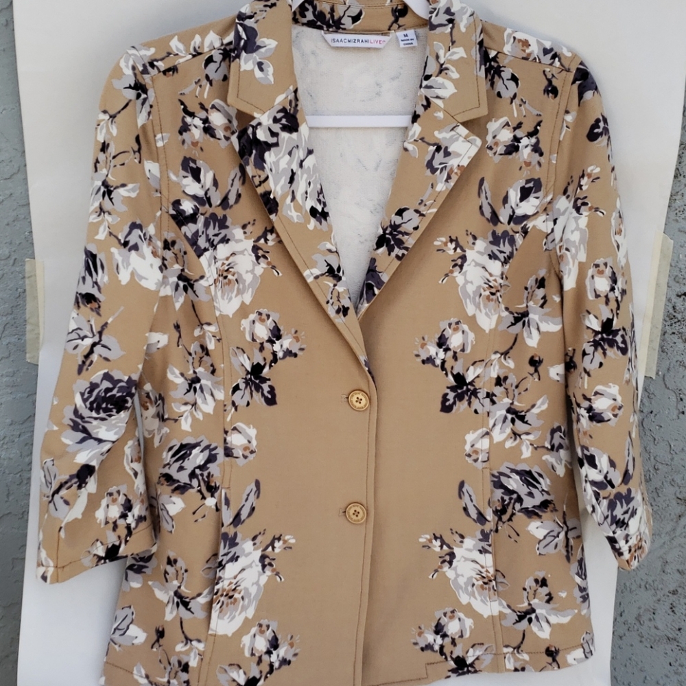 Issac Mizhrahi Live Tan Floral Cotton Blazer Sz M